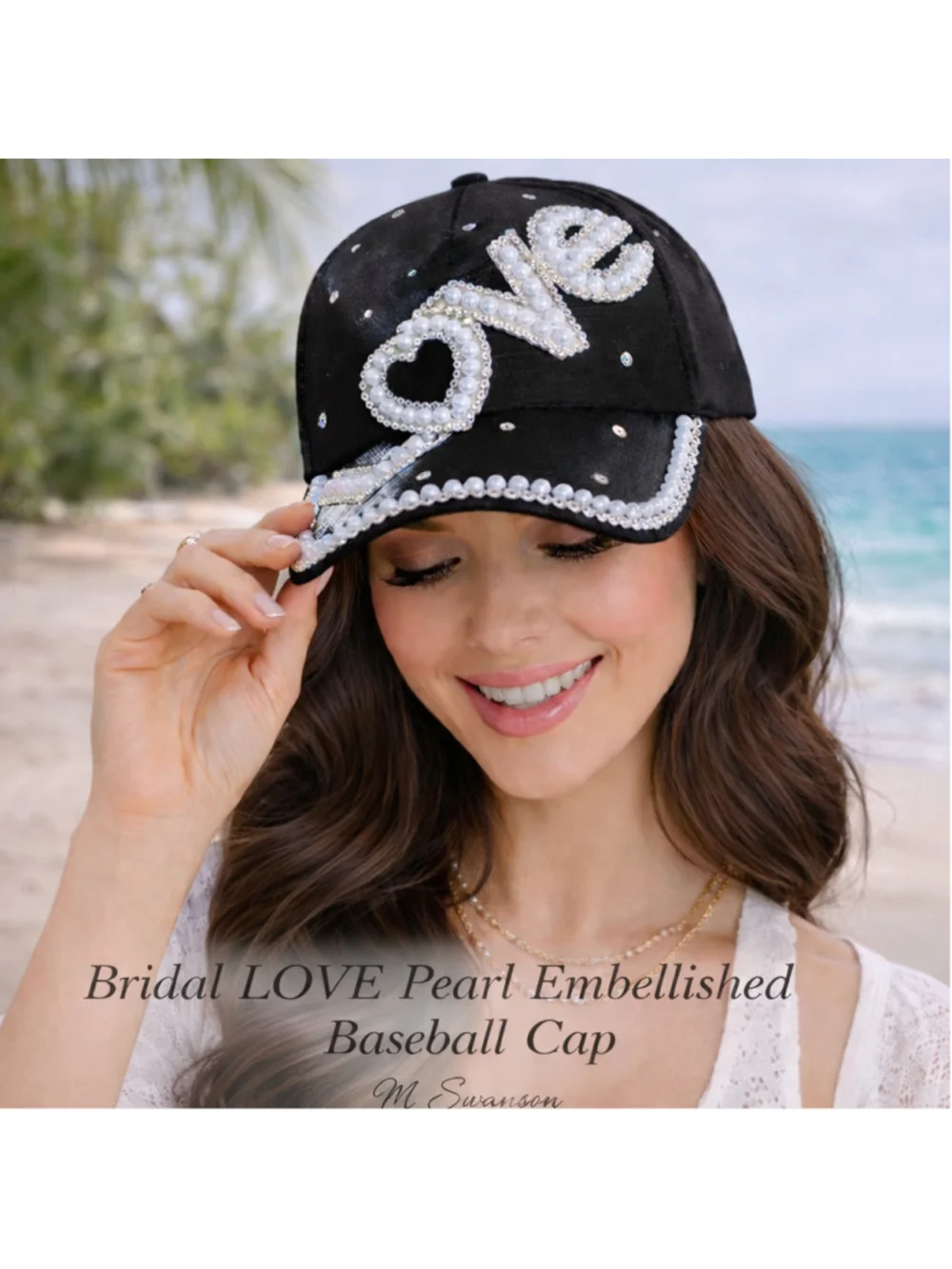 NEW Bridal LOVE Pearl Embellished Black Baseball Cap NWT